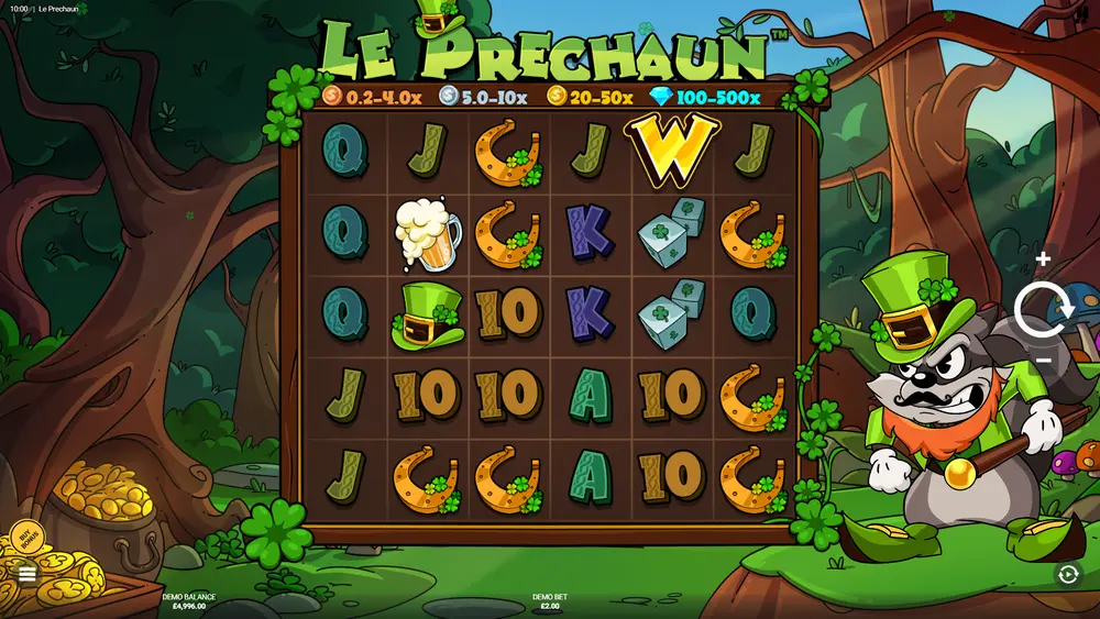 Le Prechaun base game – full 6x5 cluster grid with all symbols visible, rainbow backdrop
