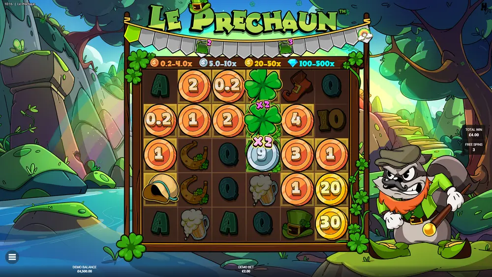 Le Prechaun Feature Buy screen – BonusHunt and RainbowRide FeatureSpins options with RTP values