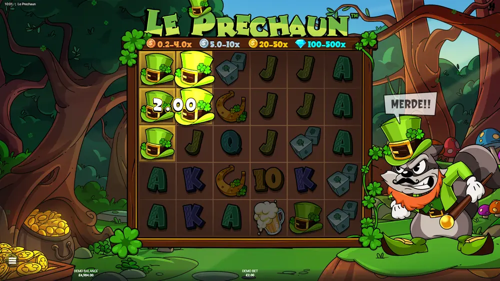 Le Prechaun slot – active Position Multipliers marked on grid cells at x2, x4, x8 values